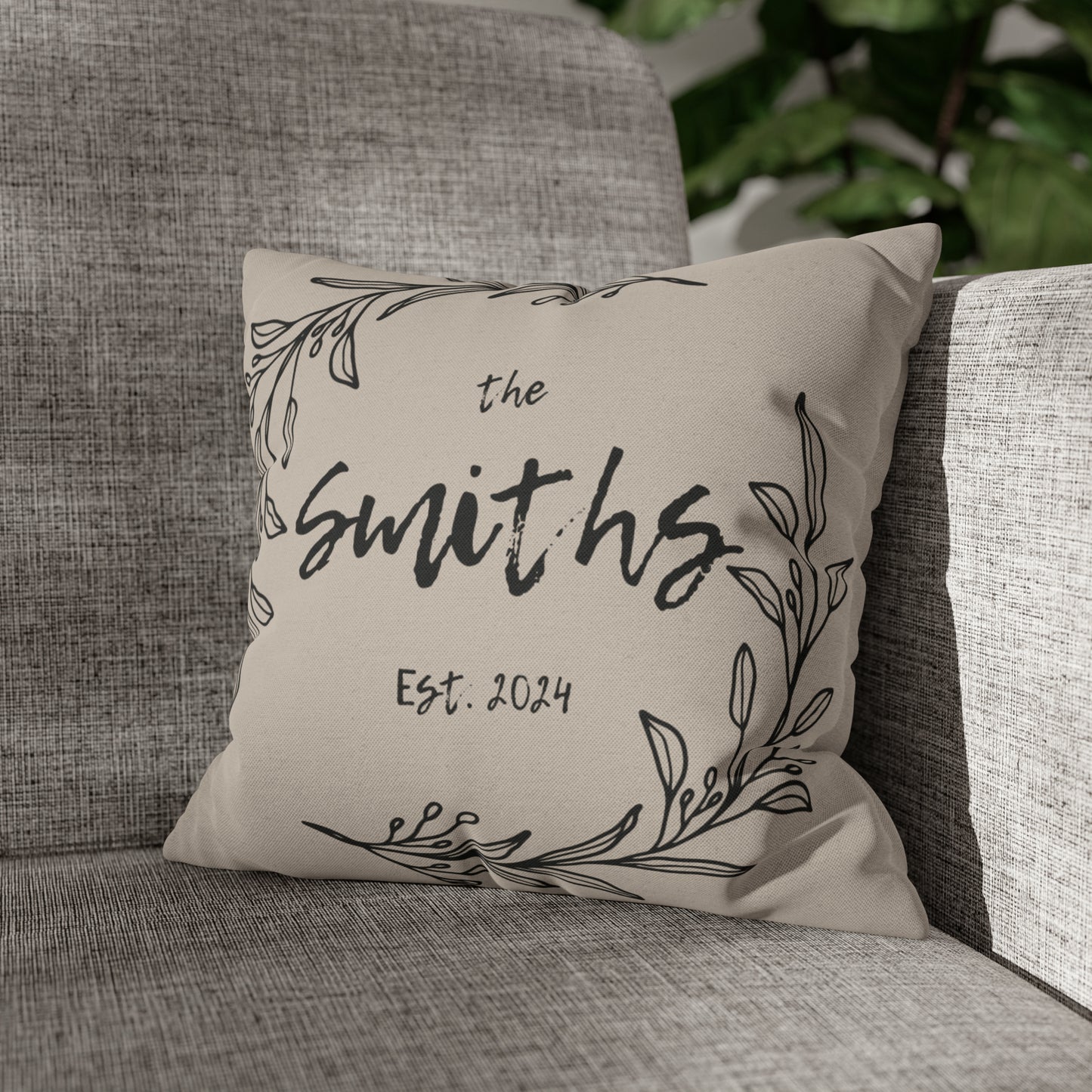 Family Name in Decorative Wreath Pillow Cover - Greige