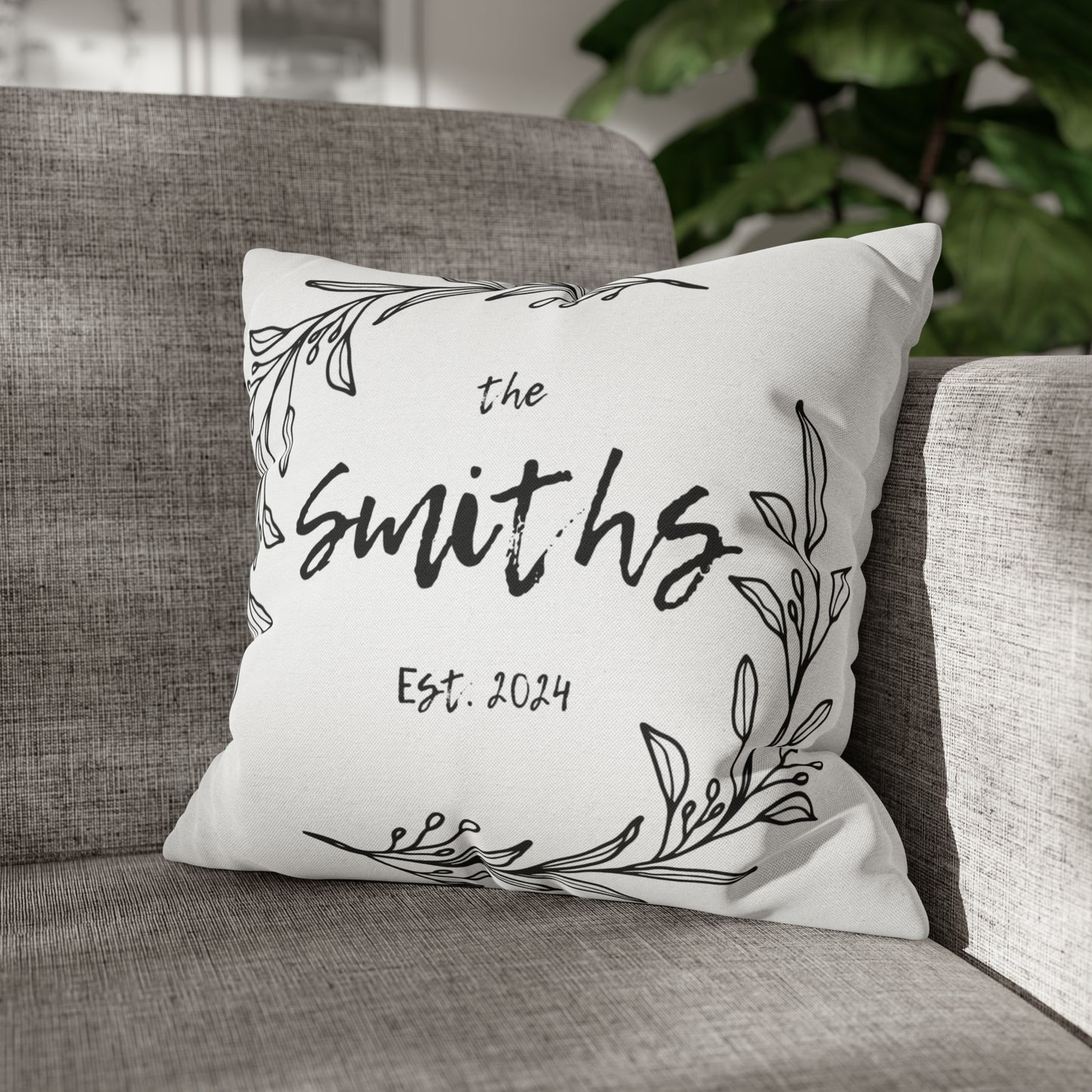 Family Name in Decorative Wreath Pillow Cover - White