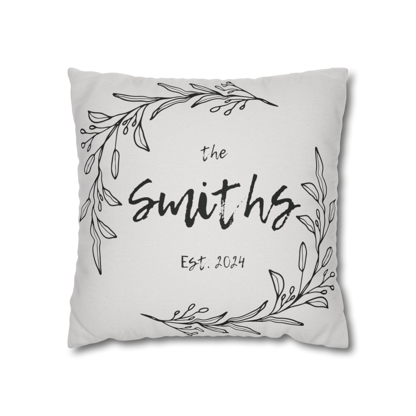 Family Name in Decorative Wreath Pillow Cover - Grey