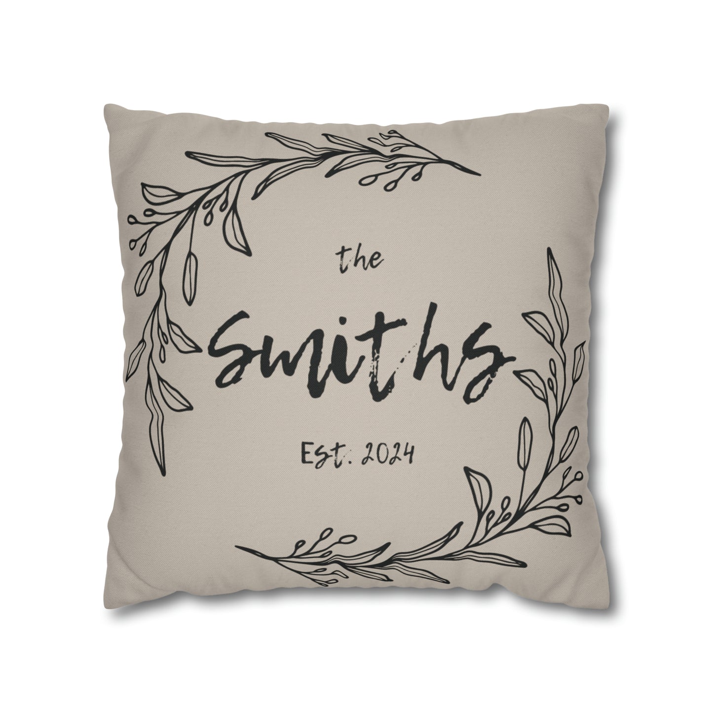 Family Name in Decorative Wreath Pillow Cover - Greige