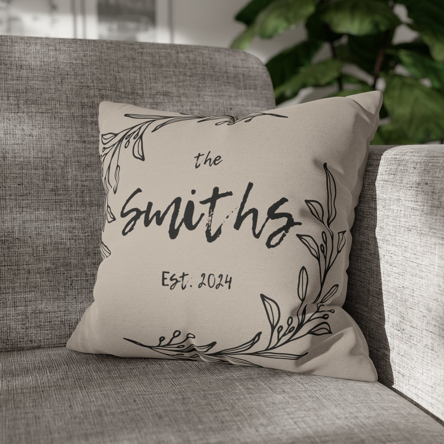 Family Name in Decorative Wreath Pillow Cover - Greige