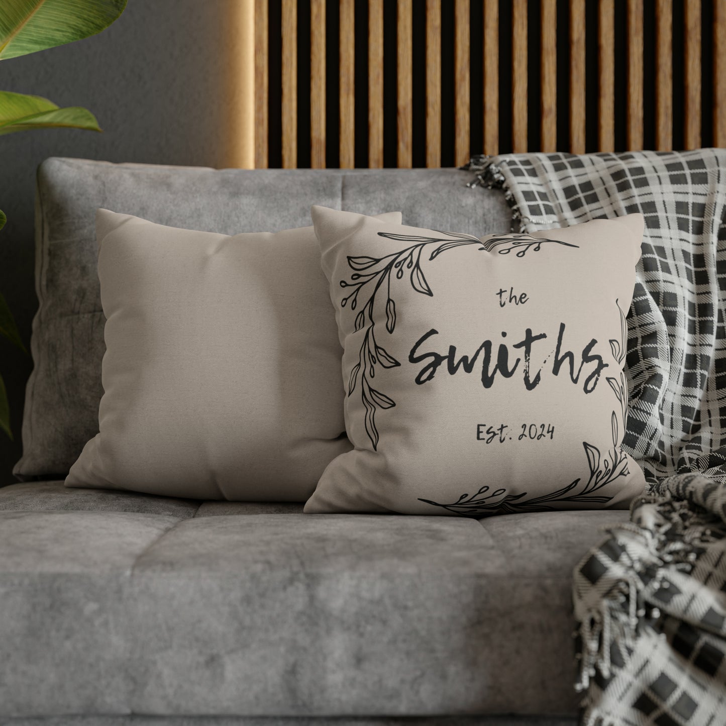 Family Name in Decorative Wreath Pillow Cover - Greige