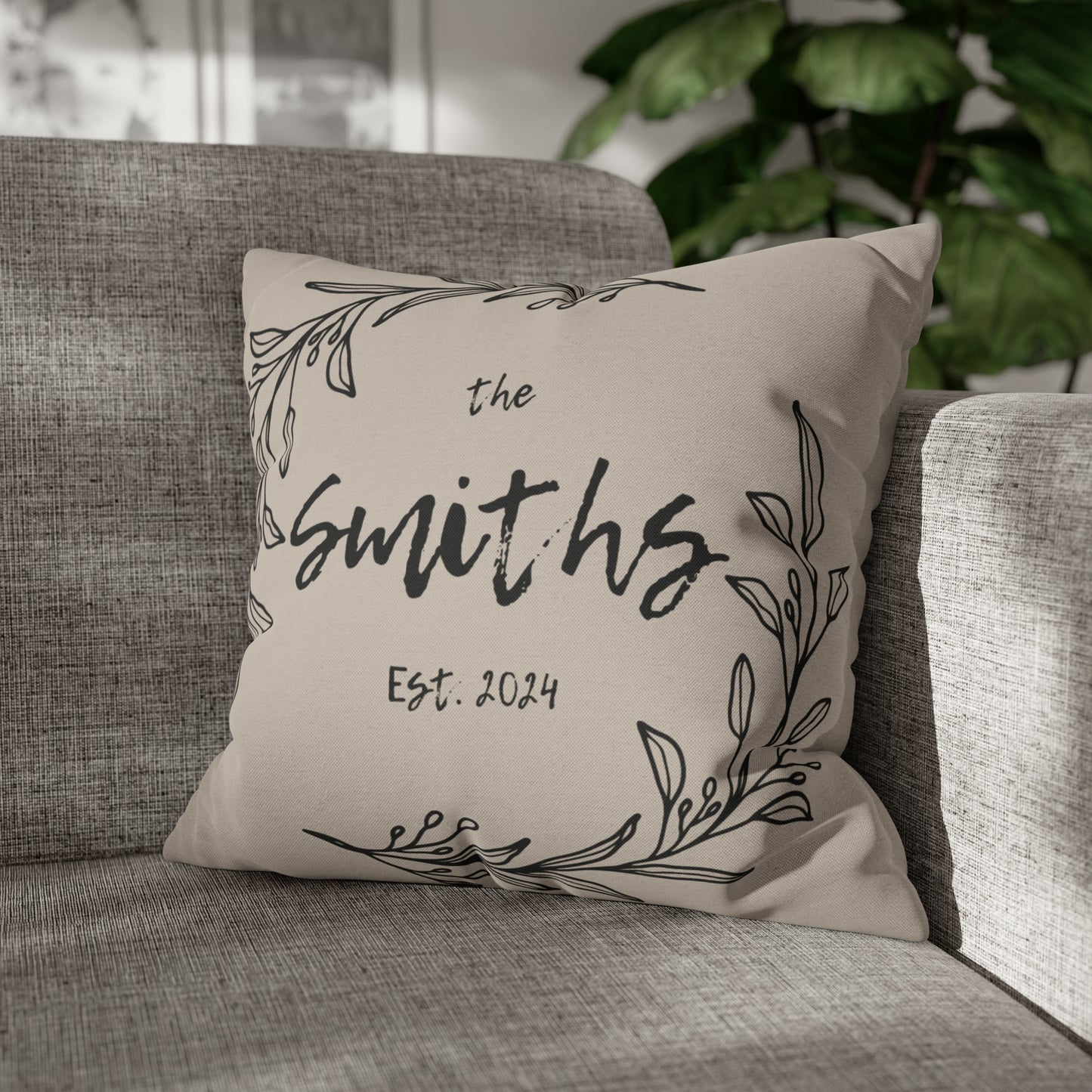 Family Name in Decorative Wreath Pillow Cover - Greige