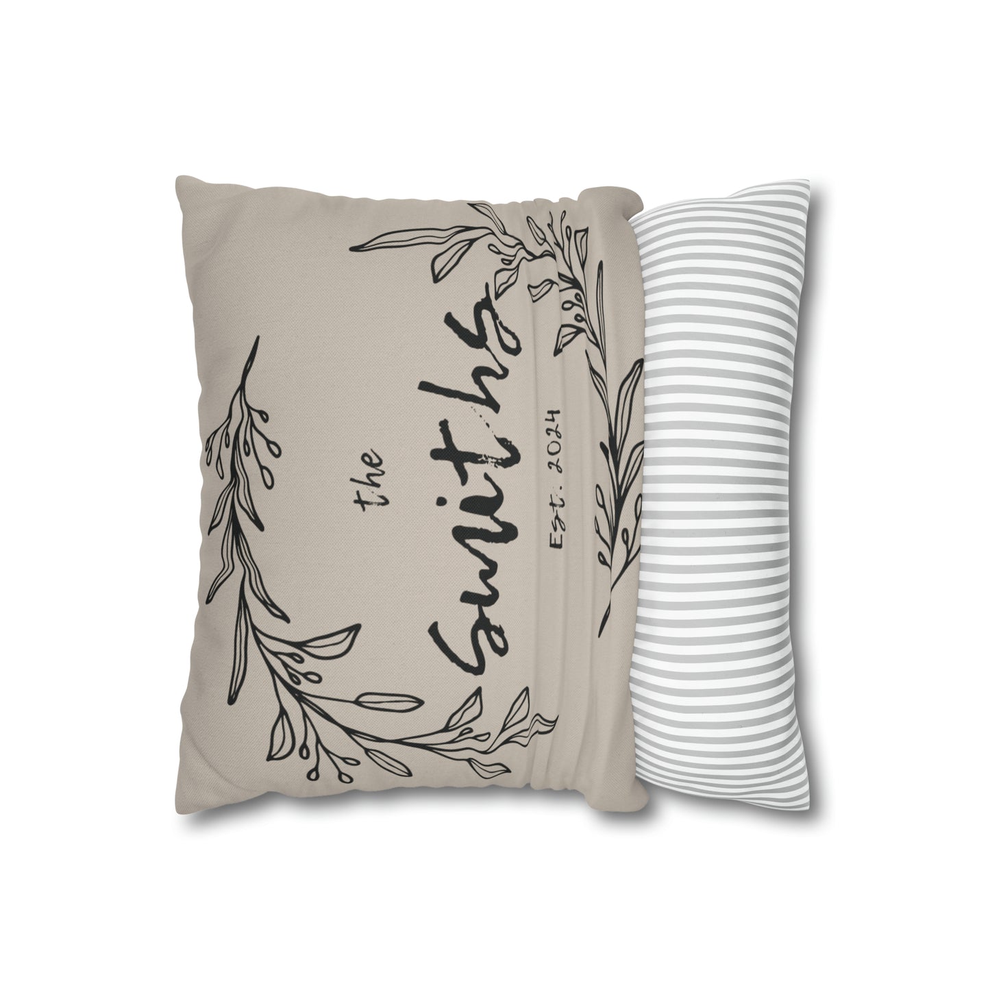 Family Name in Decorative Wreath Pillow Cover - Greige