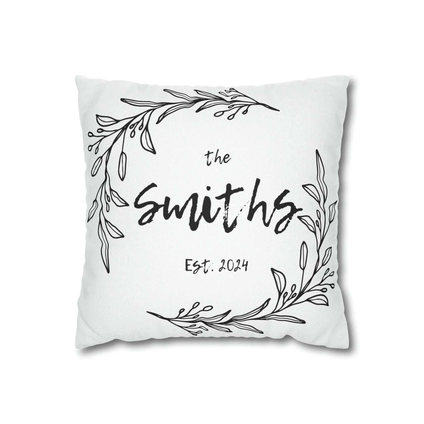 Family Name in Decorative Wreath Pillow Cover - White