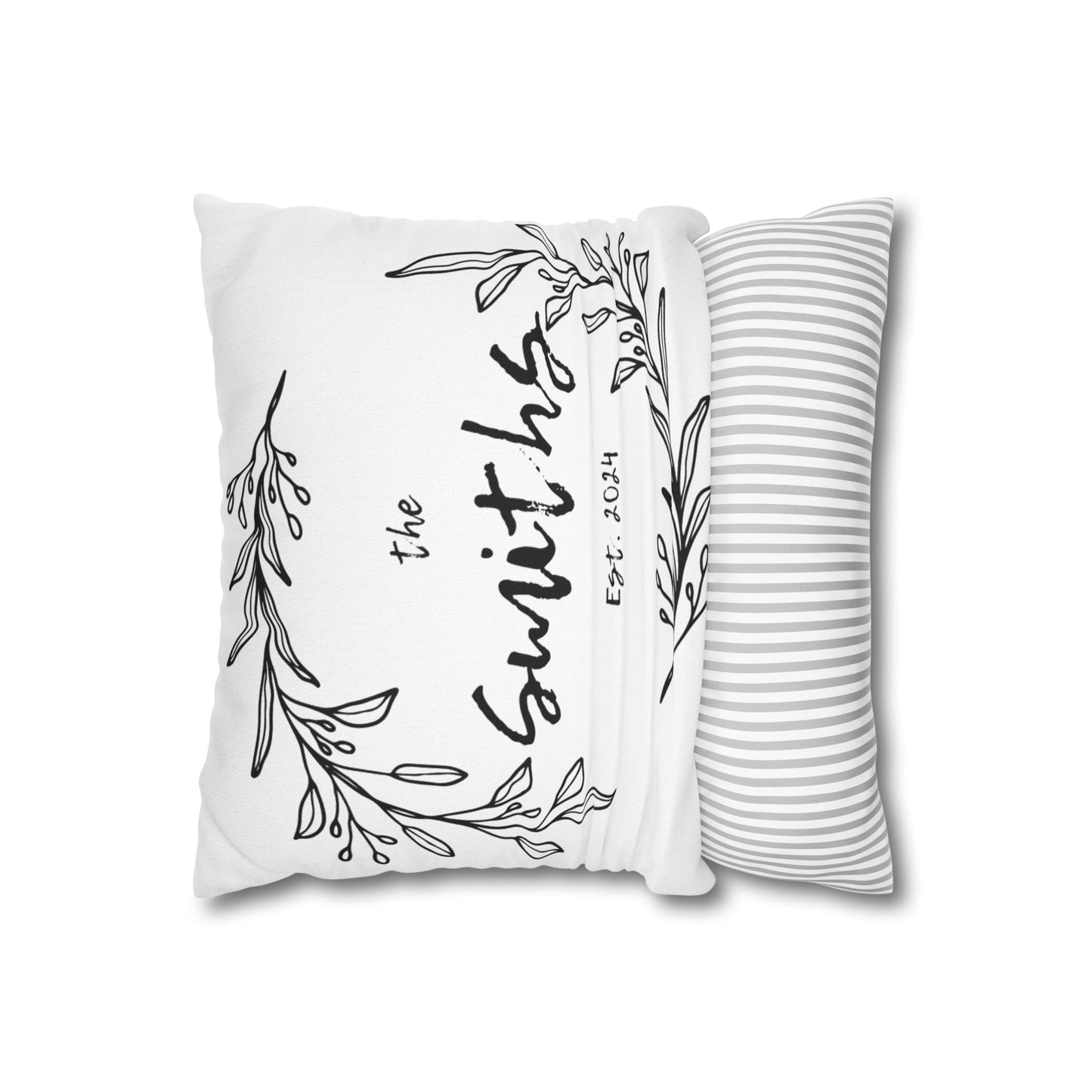 Family Name in Decorative Wreath Pillow Cover - White