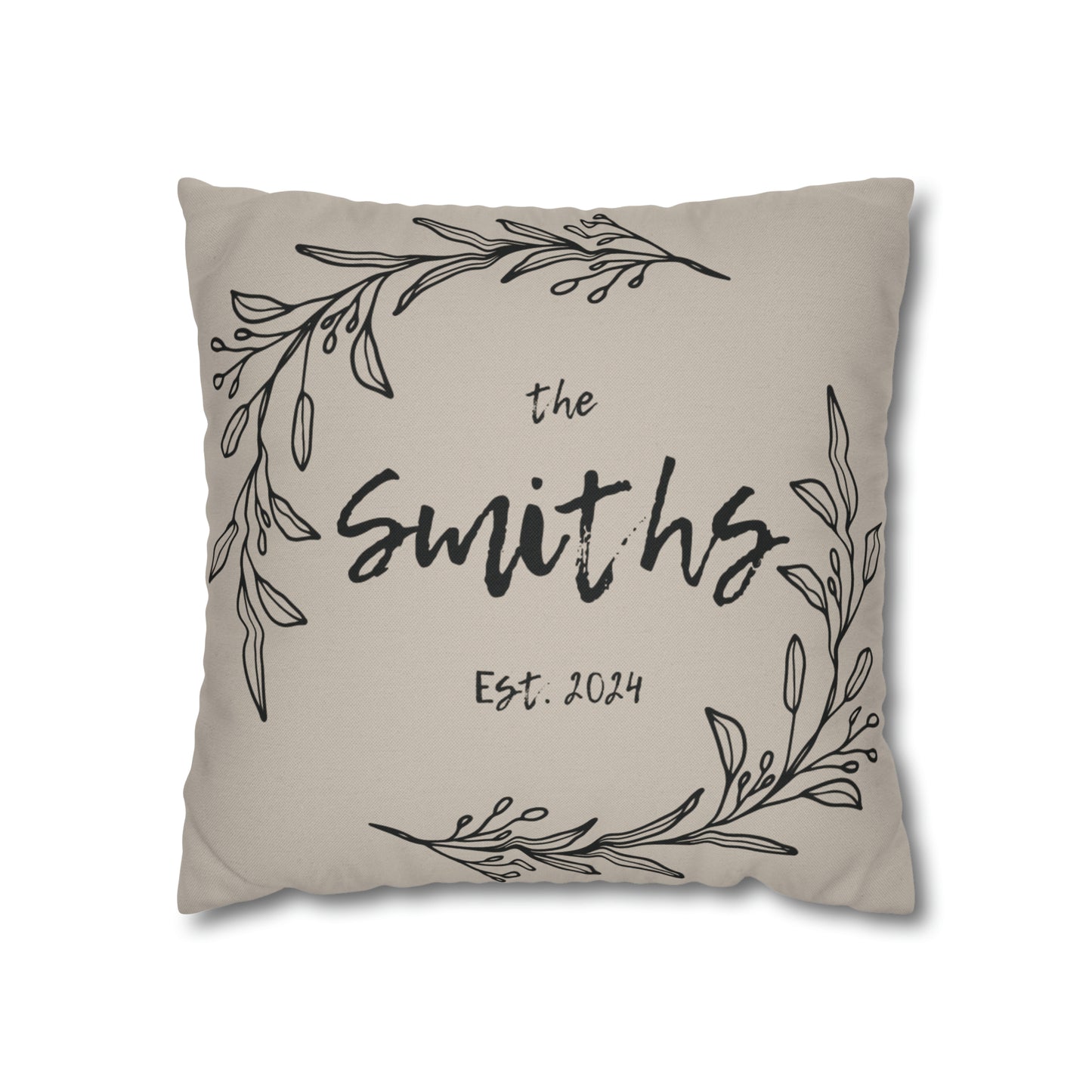 Family Name in Decorative Wreath Pillow Cover - Greige