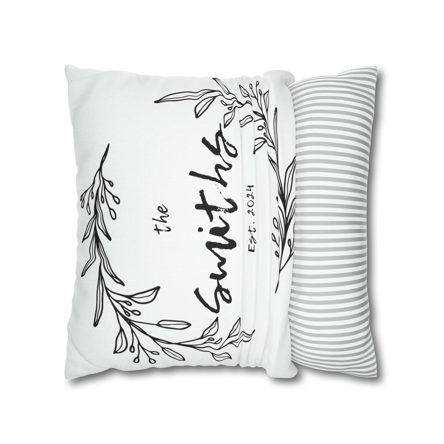 Family Name in Decorative Wreath Pillow Cover - White