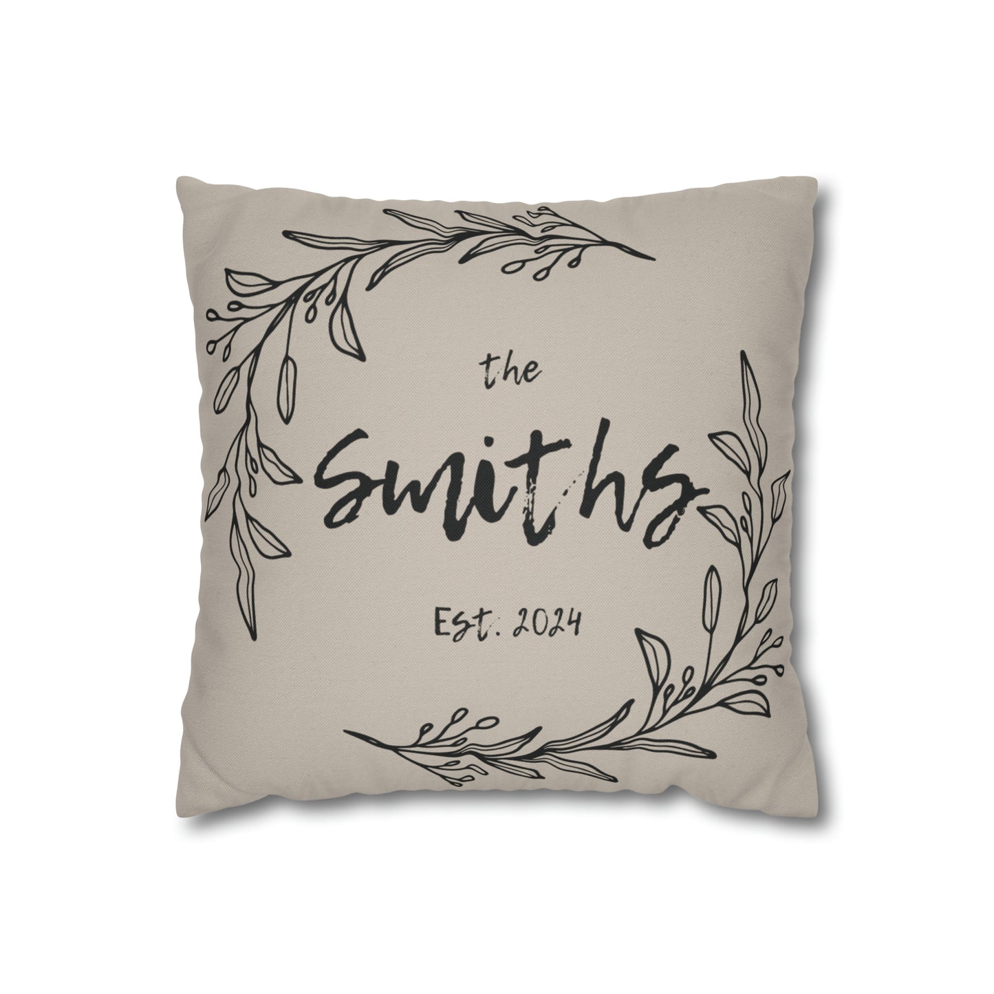 Family Name in Decorative Wreath Pillow Cover - Greige