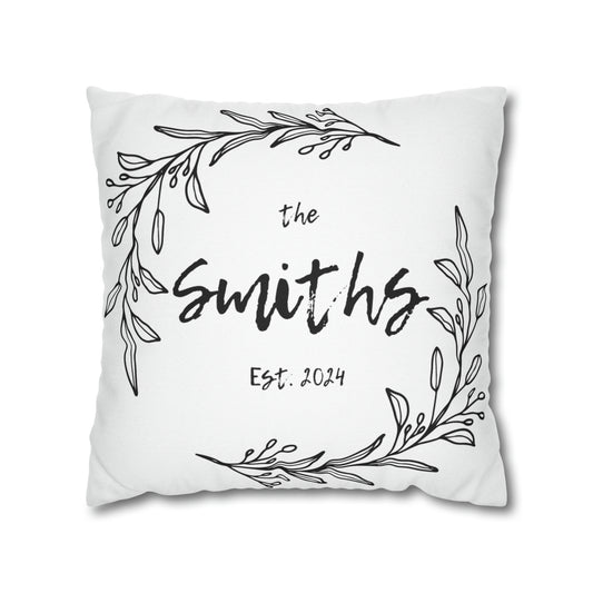 Family Name in Decorative Wreath Pillow Cover - White