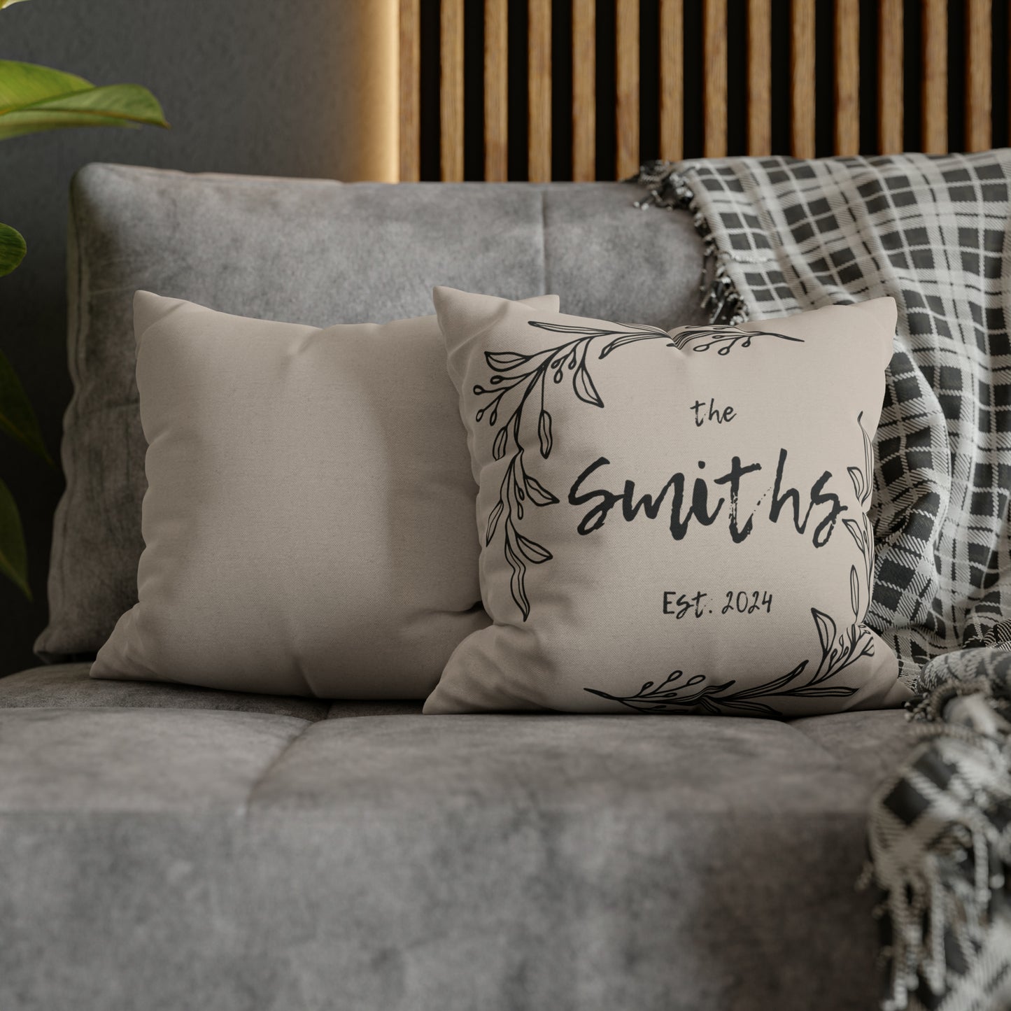 Family Name in Decorative Wreath Pillow Cover - Greige