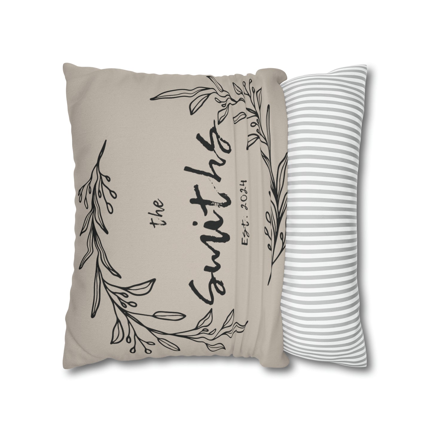 Family Name in Decorative Wreath Pillow Cover - Greige