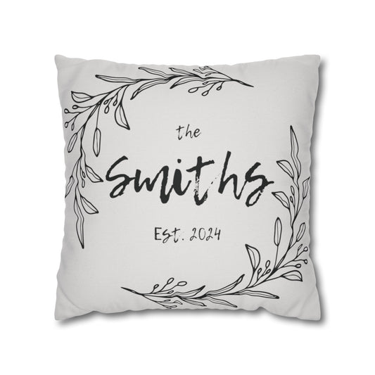 Family Name in Decorative Wreath Pillow Cover - Grey