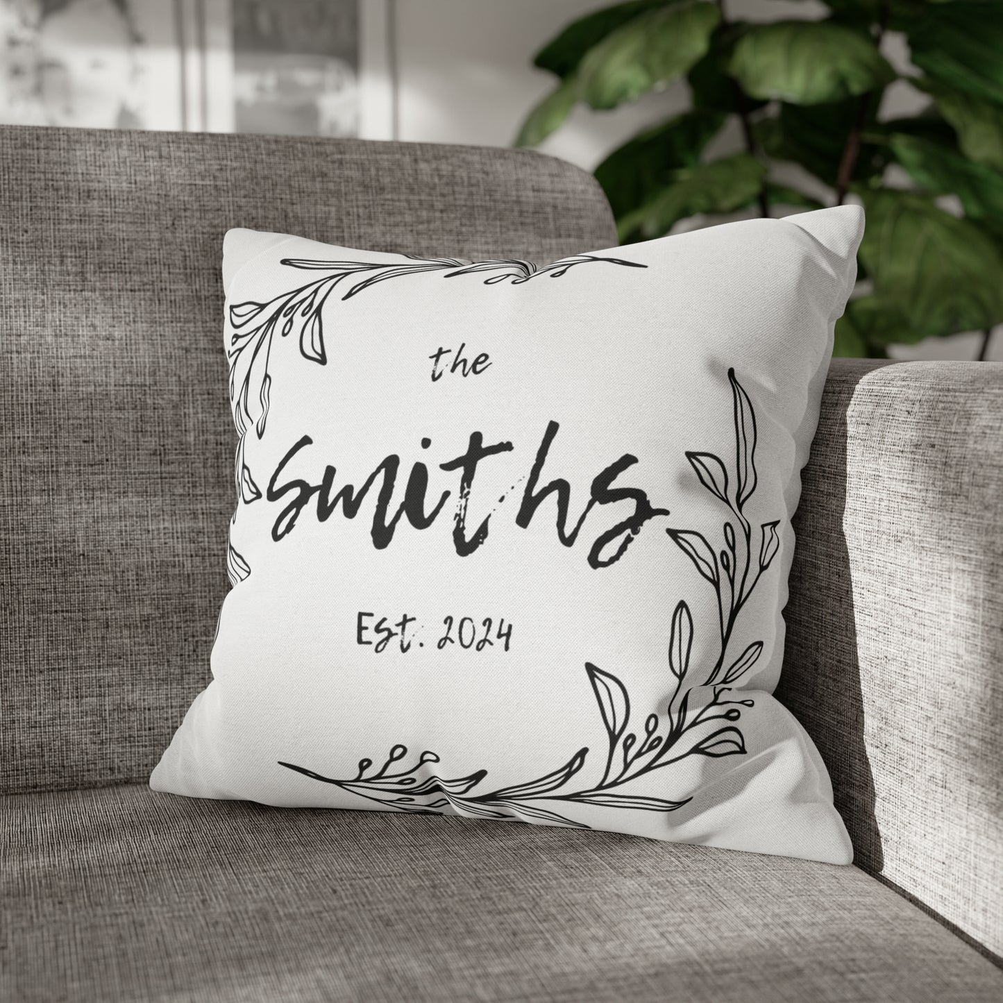 Family Name in Decorative Wreath Pillow Cover - White