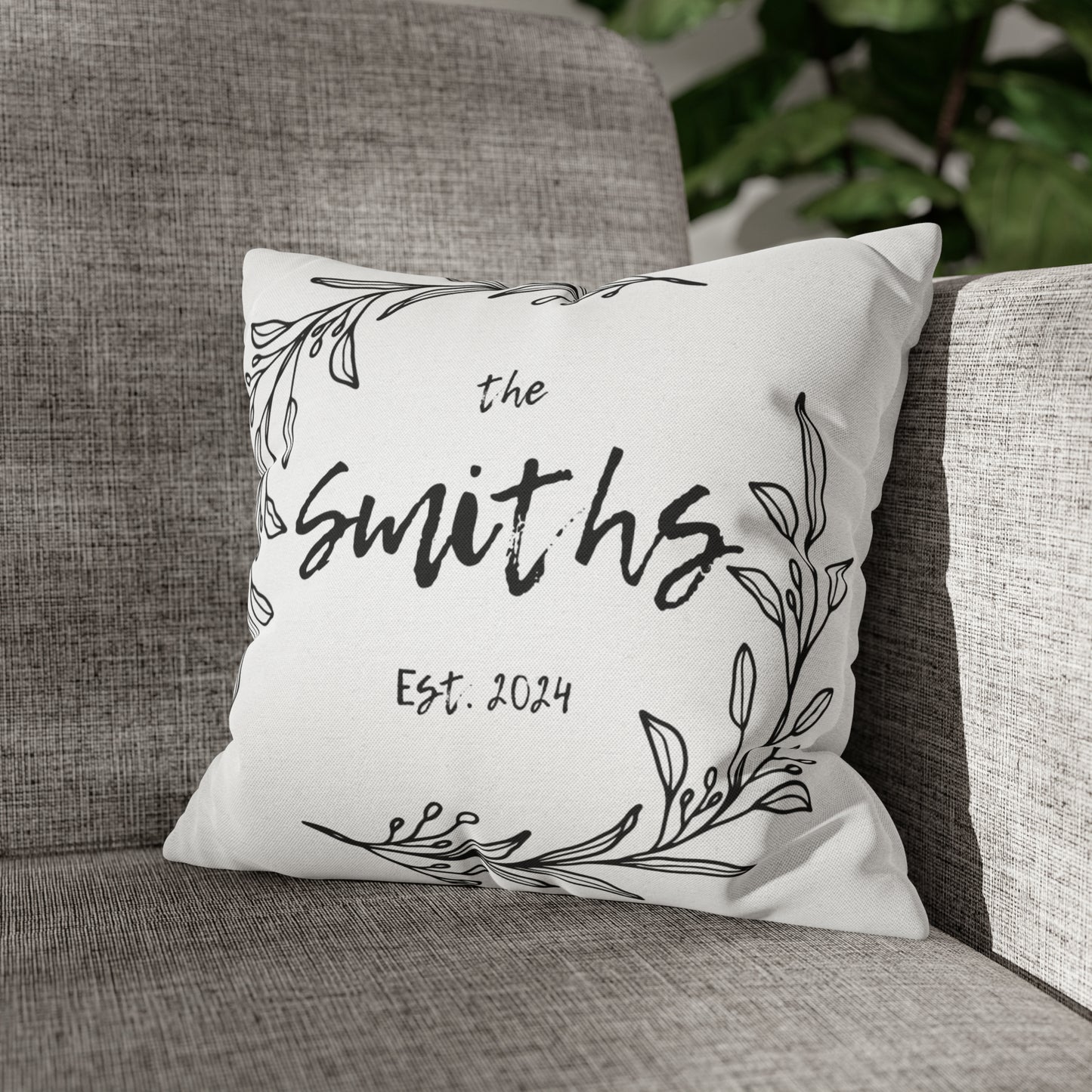 Family Name in Decorative Wreath Pillow Cover - White