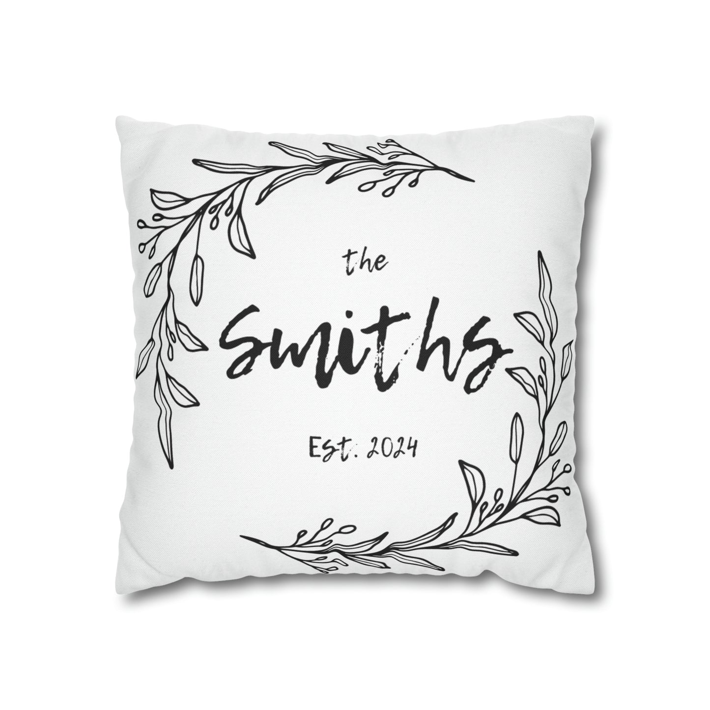 Family Name in Decorative Wreath Pillow Cover - White