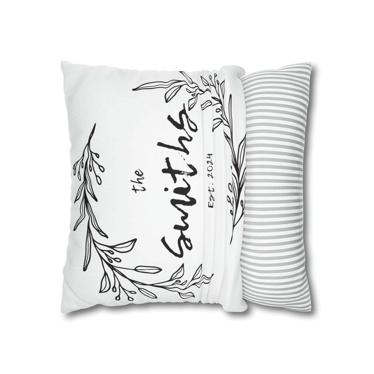 Family Name in Decorative Wreath Pillow Cover - White