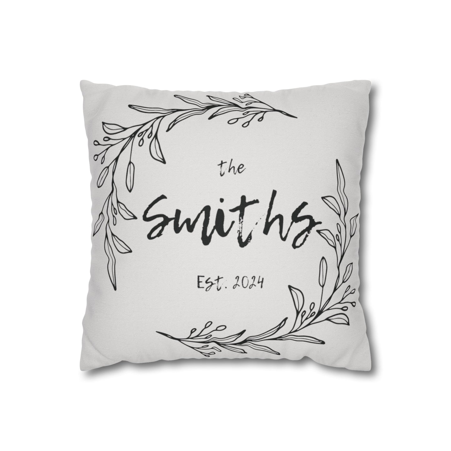 Family Name in Decorative Wreath Pillow Cover - Grey